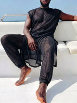 Men's Luxury Resort Crochet Mesh Longline Two Pieces Outfit SKUL74635