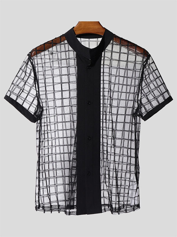 Men's Sheer Mesh Plaid Short Sleeve Shirt SKUL17952