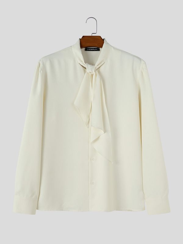 Men's Retro Cocktail Party Cascading Tie Neck Silk-Like Fluid Drape Long Sleeve Bow Collar Shirt SKUL83230