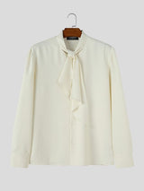 Men's Retro Cocktail Party Cascading Tie Neck Silk-Like Fluid Drape Long Sleeve Bow Collar Shirt SKUL83230