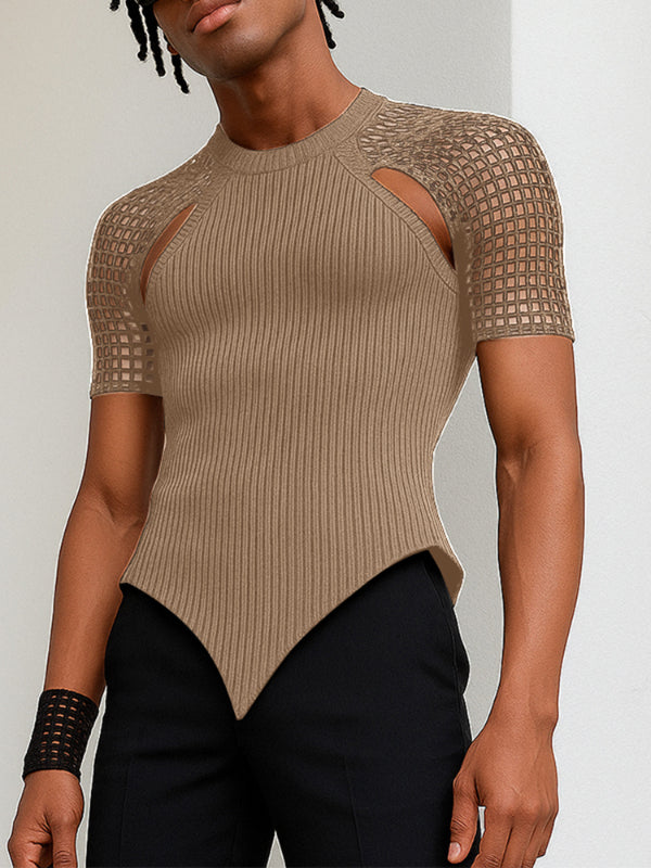 Men's Grid Mesh Patchwork Knit Short Sleeve T-Shirt SKUL22773