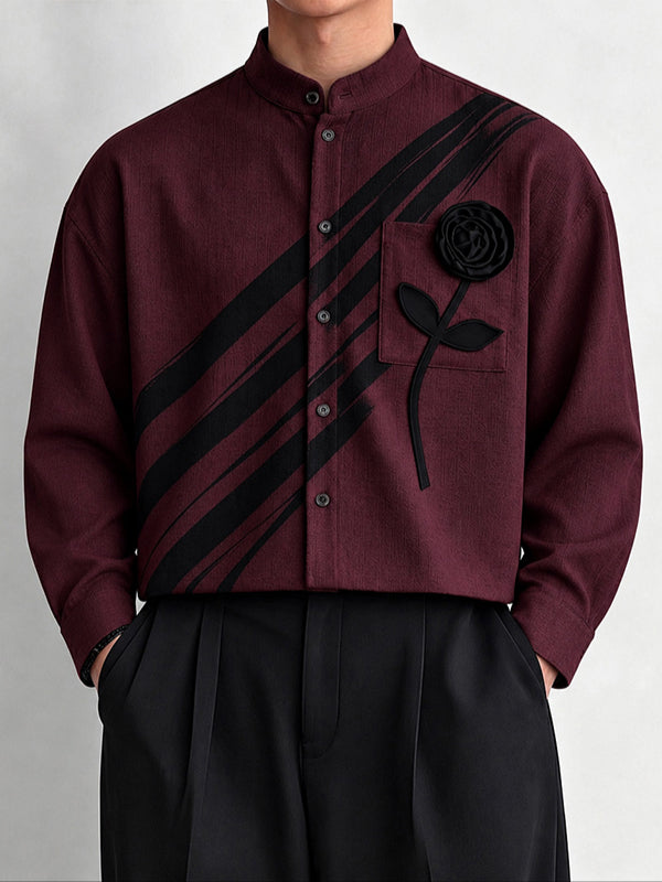 [Pre-order] Men's Neo-Chinese Chic Art Exhibition 3D Rose Flower Diagonal Brush Stripe Mandarin Collar Shirt SKUL89237