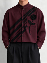[Pre-order] Men's Neo-Chinese Chic Art Exhibition 3D Rose Flower Diagonal Brush Stripe Mandarin Collar Shirt SKUL89237