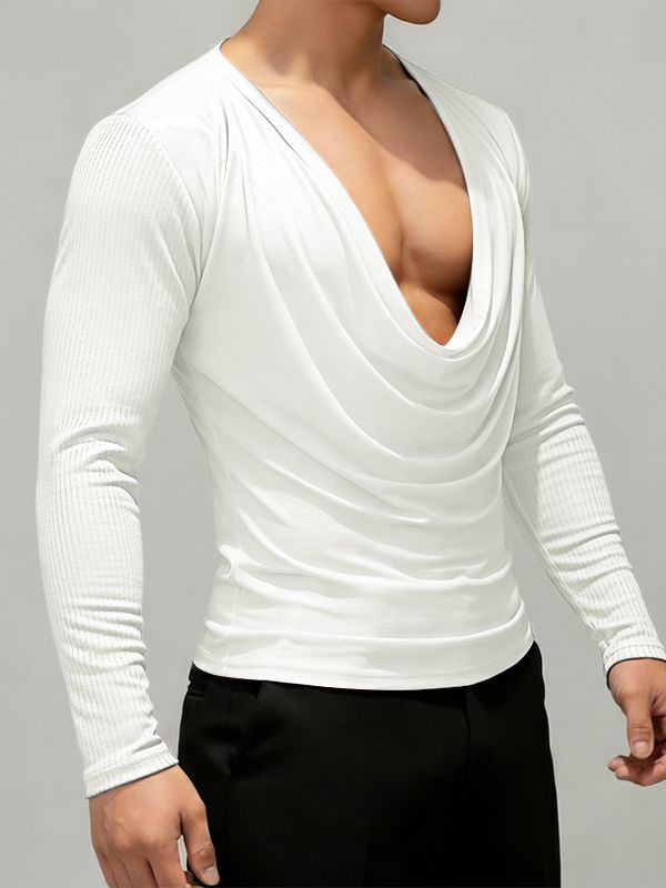 Men's Textured Patchwork Draped Neck Long Sleeve T-shirt SKUL52670