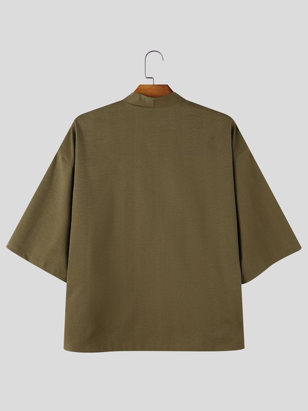 Men's Japanese Zen Beach Vacation Deep V-Neck Cross Overlap Shirt SKUL82436