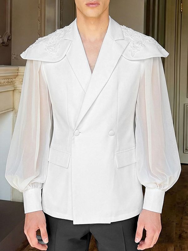 Men's Lace Shoulder Appliques Sheer Lantern Sleeves Blazer SKUL56348