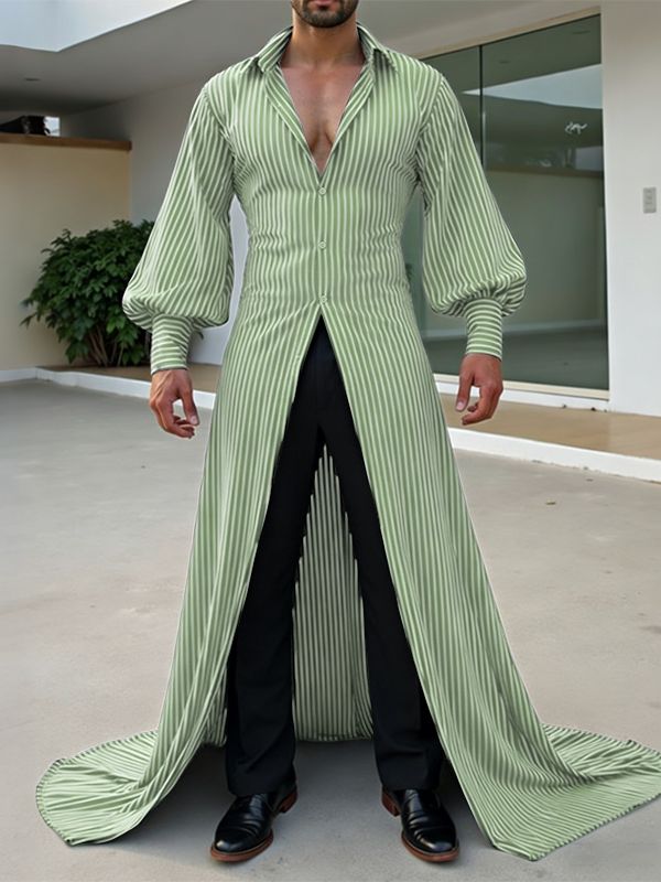 Men's Striped Long Hem Puff Sleeve Shirt SKUL40322