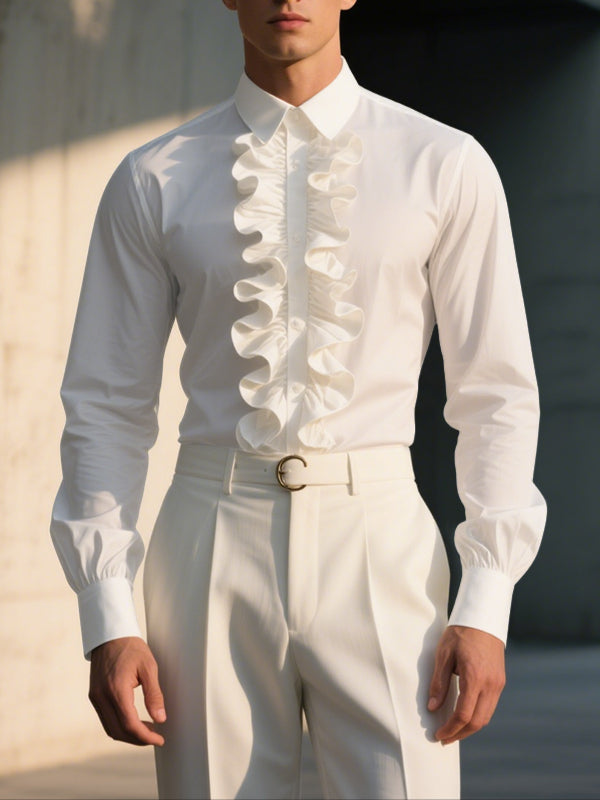 Mens Solid Color Ruffle Collar Long Sleeve Shirt SKUL27250