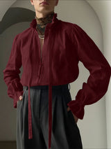 Men's Solid Color Ribbon Pleated Ruffle Long Sleeve Shirt SKUL43737