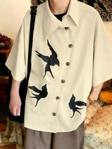 Men's Japanese Harajuku Flying Bird Print Asymmetric Diagonal Button Short Sleeve Shirt SKUL63005