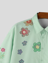 Men's Vintage Multicolored Floral Print Cropped Short Sleeve Shirt SKUL63058