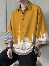 Men's Vintage Avant-Garde Castle Architecture & Crescent Moon Print Short Sleeve Shirt SKUL61998