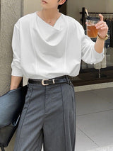 Men's Solid Color Draped Collar Design Long Sleeve Shirt SKUL36334