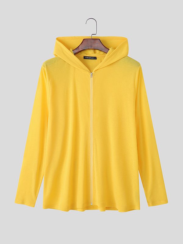 Men's Solid Color Semi-Sheer Hooded Long Sleeve T-shirt SKUL42396