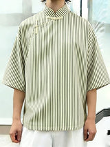 Men's New Chinese Style Pinstripe Asymmetrical Frog-Button Shirt SKUL56249
