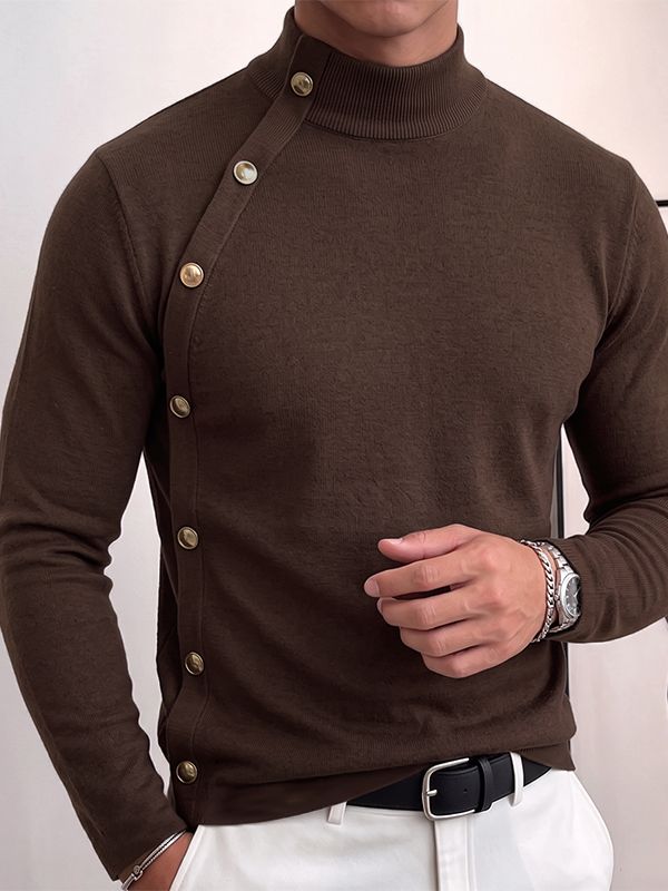 Men's Smart Chic Daily Commute Side Slanted Placket Metallic Button Slim T-shirt SKUL84771