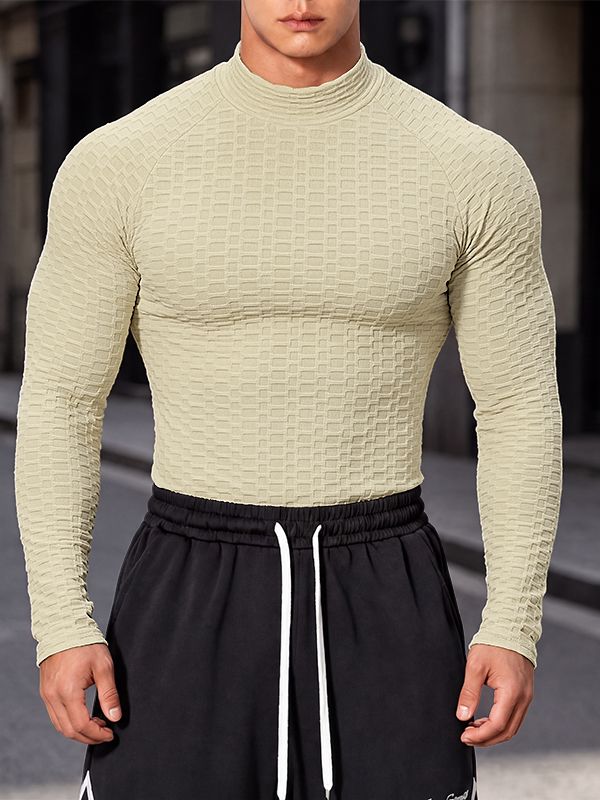 Men's Athletic Gym 3D Grid Textured Embossed Muscle Fit Raglan Long Sleeve Mock Neck T-shirt SKUL83423