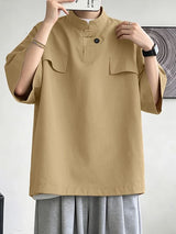 Men's Modern Chinoiserie Mock Neck Asymmetric Tab Button Utility Short Sleeve Shirt SKUL68246