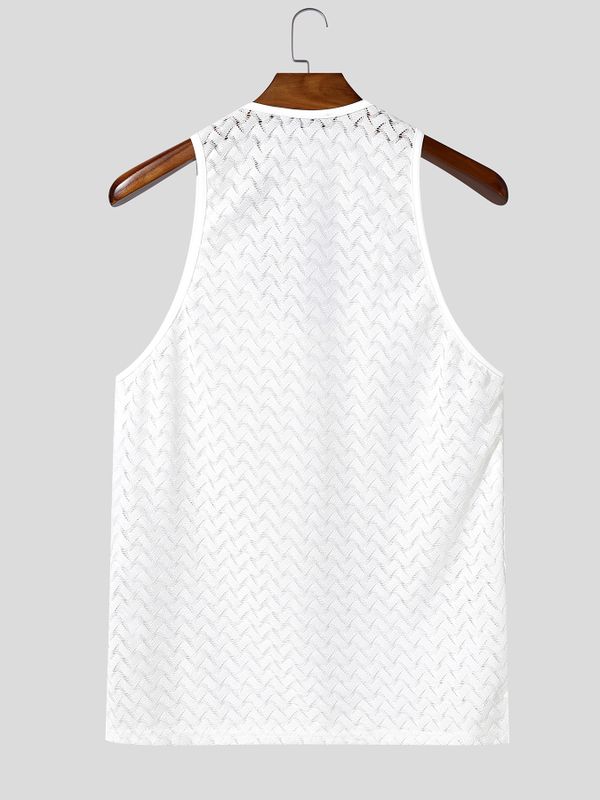 Men's Avant-Garde Retro Geometric Open-Knit Pointelle Fitted Muscle Tank SKUL72721