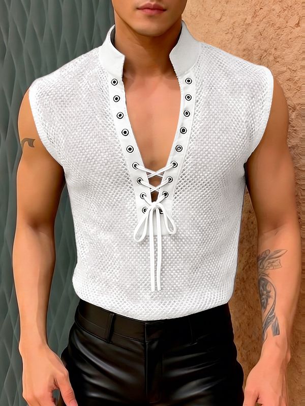 Men's Knit Mesh Drawstring Tie Stand Collar Tank SKUL48008