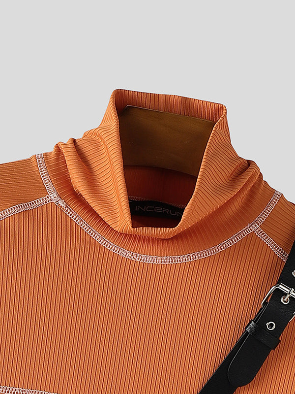 Men's Leather Buckle Patchwork Irregular Hem Long Sleeve T-Shirt SKUL30456