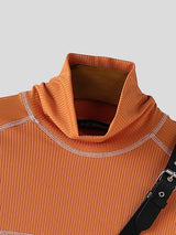 Men's Leather Buckle Patchwork Irregular Hem Long Sleeve T-Shirt SKUL30456