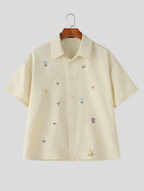 Men's Casual Vintage Delicate Floral Print Cuban Collar Short Sleeve Shirt