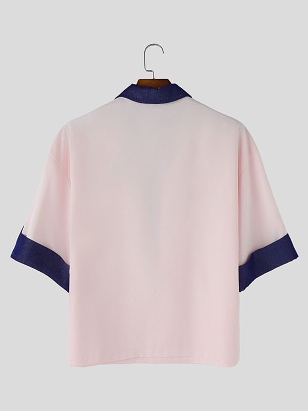 Men's Vintage Cityboy Aesthetic Contrast Cuffed Sleeve Shirt SKUL62092