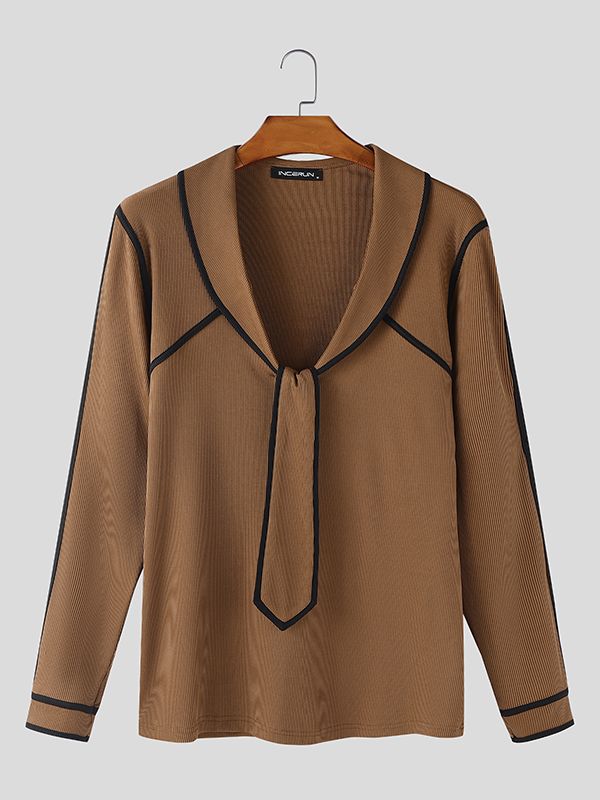 Men's Knit Contrast Color Tie Long Sleeve T-shirt SKUL43758