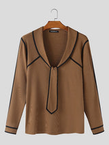 Men's Knit Contrast Color Tie Long Sleeve T-shirt SKUL43758