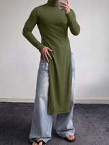 Men's Avant-Garde High Street Ultra High Side Slit Longline Fitted Long Sleeve T-shirt SKUL83123