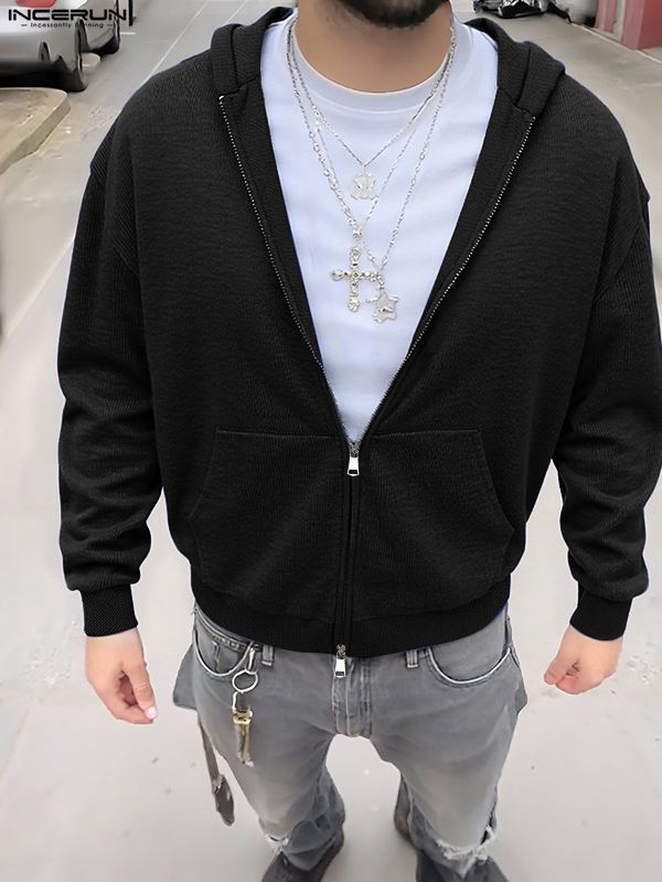 Men's Solid Color Textured Hooded Long Sleeve Sweater SKUL30571