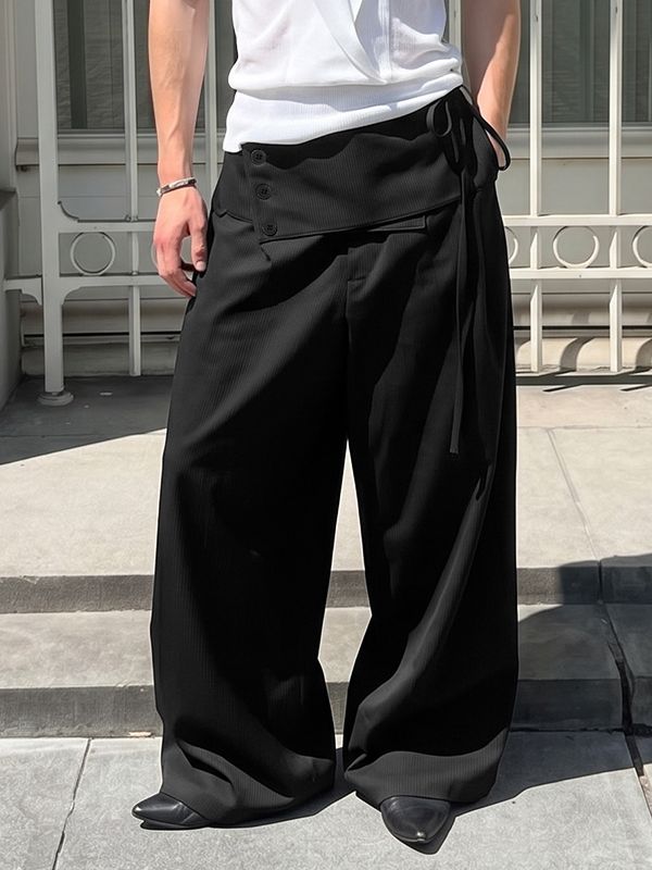 Men's Avant-Garde Asymmetrical Fold-Over Button Tie Waist Wide Leg Pant SKUL71412