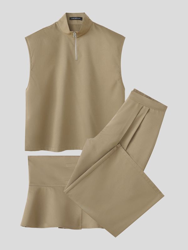 Men's Solid Color Waist Drawstring Casual Two Pieces Outfit SKUL41311