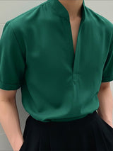 Men's Solid Color Stand Collar Short Sleeve Shirt SKUL49921