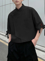 Men's Solid Color Frog Button Stand Collar Half Sleeve Shirt SKUL57725