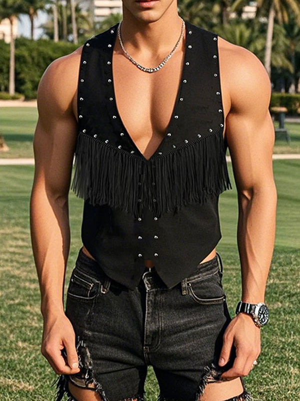 Mens Solid Color Fringe-Trimmed Sleeveless Tank SKUK97853