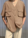 Mens Solid V-Neck Flap Pocket Casual Shirt SKUK46414