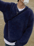 Mens Solid V-Neck Plush Pullover Sweater SKUK39281