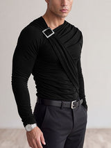 Men's High Street Urban Casual Shirred Wrap Metal Accent Long Sleeve Slash Neck T-shirt SKUL81733