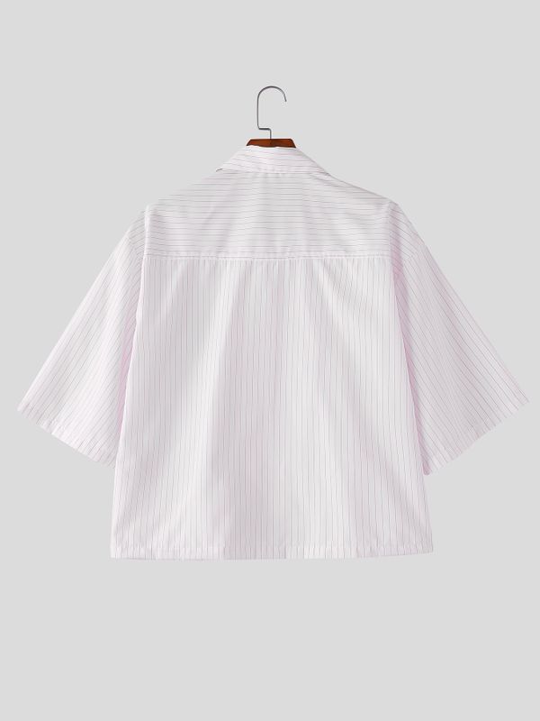 Men's New Chinese Style Vertical Stripe Frog Button Short Sleeve Shirt SKUL60142