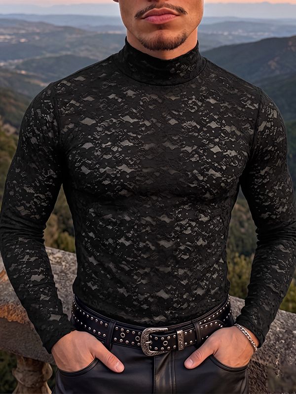 Men's Sexy Clubwear Sheer Floral Lace Muscle Form-Fitting Long Sleeve Mock Neck T-shirt SKUL83129