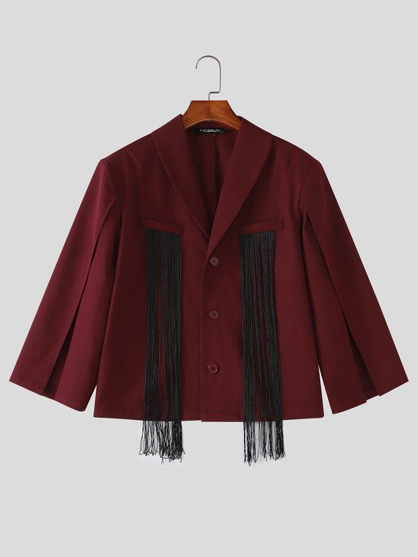 Men's Avant-Garde Party Chest Tassel Fringe Cape Slit Half Sleeve Shawl Collar Blazer SKUL78339