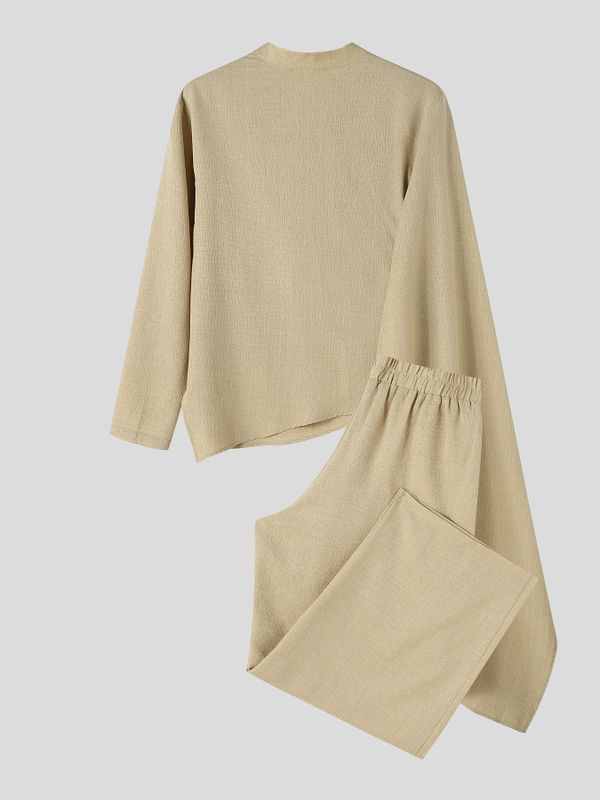 Men's Zen Minimalist Art Exhibition Draped Cape Collar Frog Button Two Pieces Outfit SKUL85354