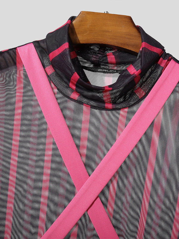 Men's Sheer Mesh Striped Short Sleeve T-Shirt SKUL24573