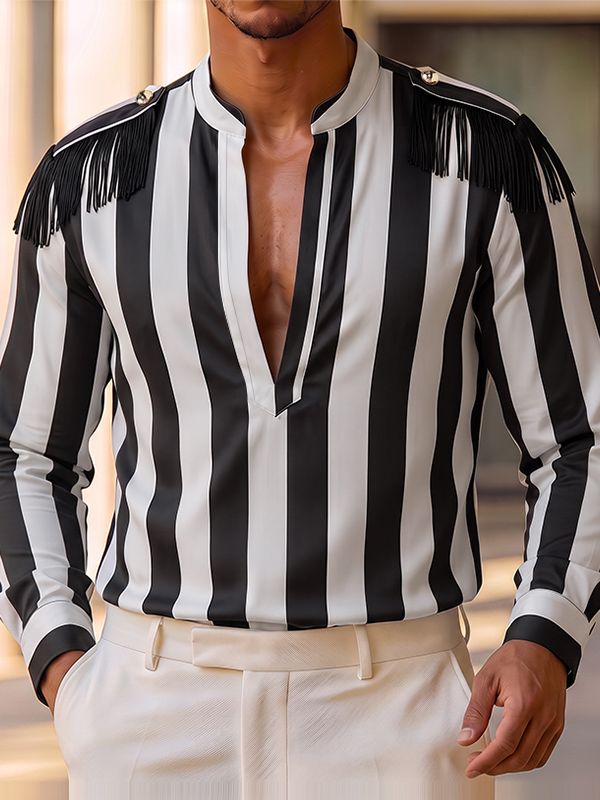 Men's Retro Theatrical Deep-V Fringe Epaulet Bold Striped Shirt SKUL79523