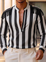 Men's Retro Theatrical Deep-V Fringe Epaulet Bold Striped Shirt SKUL79523