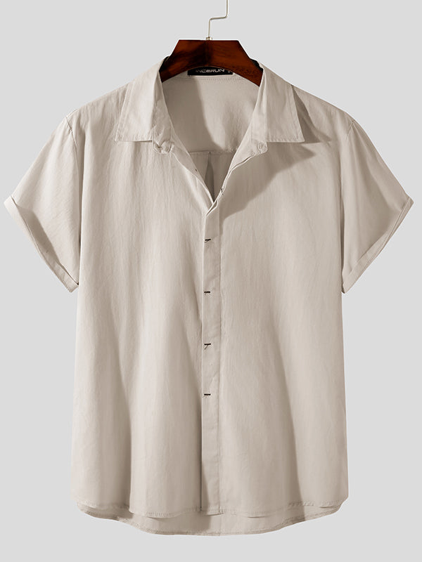 Mens Solid Lapel Cotton Short Sleeve Shirt SKUH83763