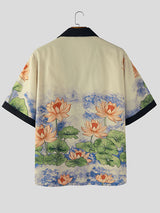 Men's Lotus Print Color Block Short Sleeve Shirt SKUL18779
