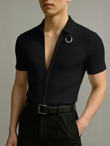 Men's Metal Ring Decor Textured Short Sleeve Shirt SKUL47997
